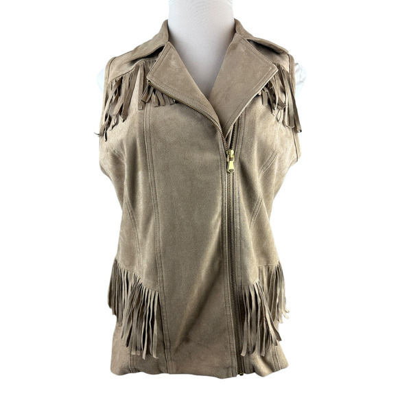 Chico’s Faux Suede Fringe Vest Moto Zip Front Tan Brown Women's Size 2 Large 12 - Picture 5 of 13